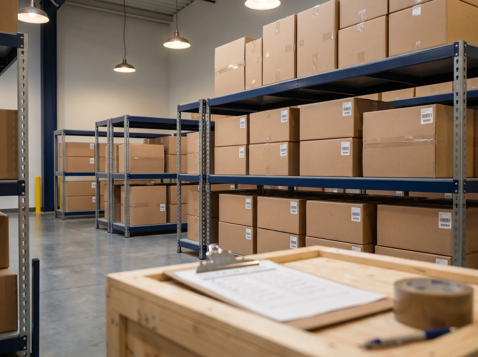 Organized fulfillment warehouse with mobile devices ready for shipment