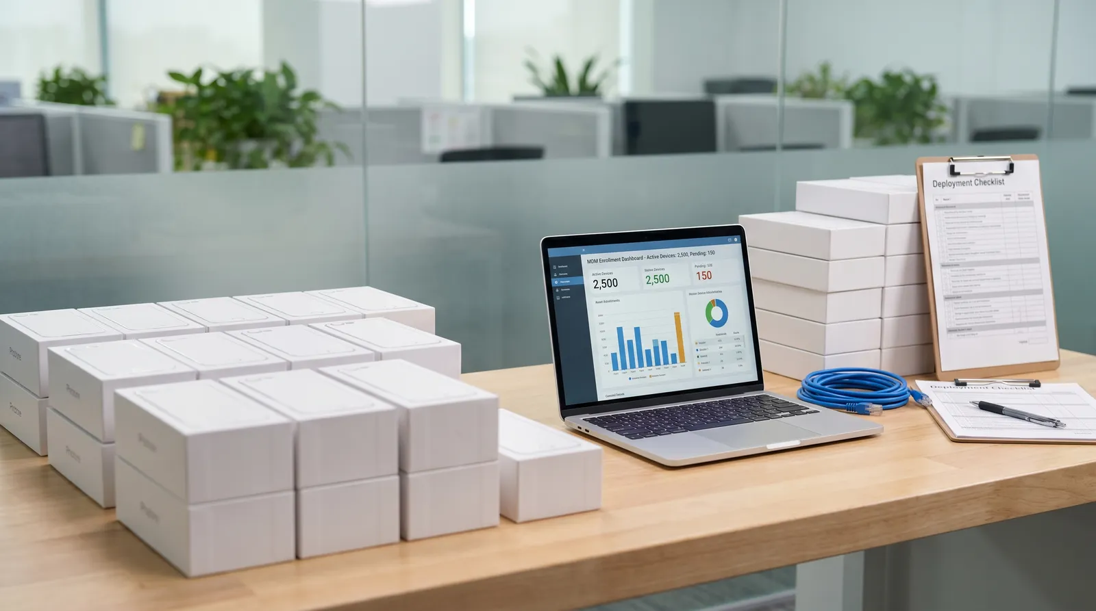 Healthcare IT staging room with clinical smartphones and MDM enrollment workstation