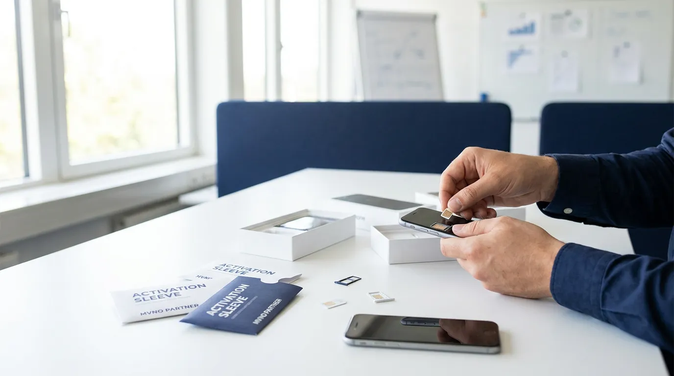 MVNO activation workspace with smartphones being unboxed and SIM-paired