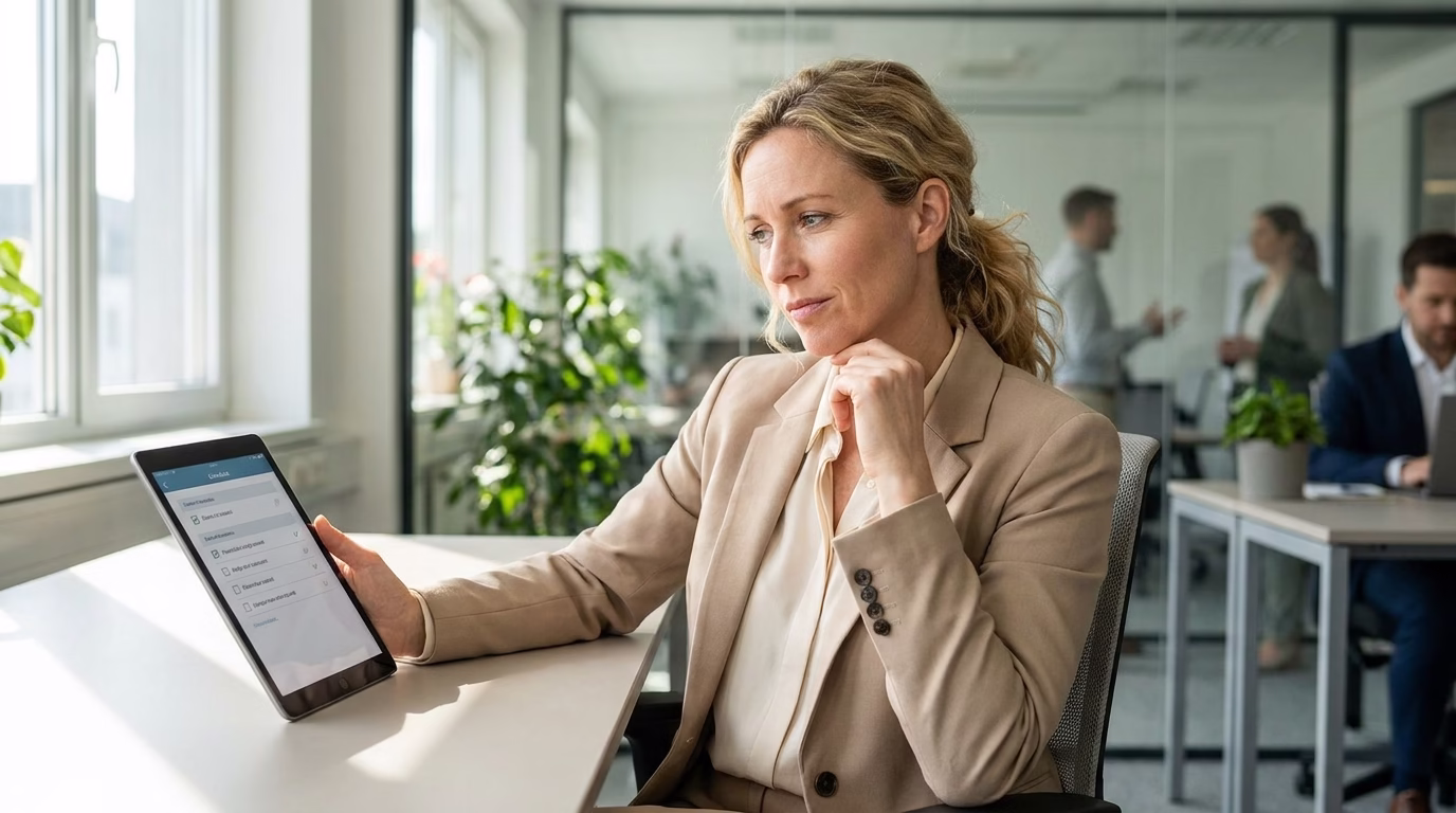 Procurement manager reviewing a device checklist on a tablet before placing a wholesale cell phone order