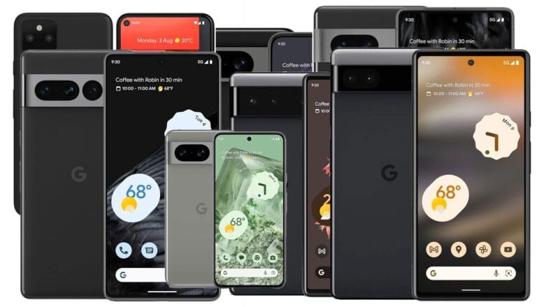 Lineup of refurbished Google Pixel phones showing front and back, including Pro models