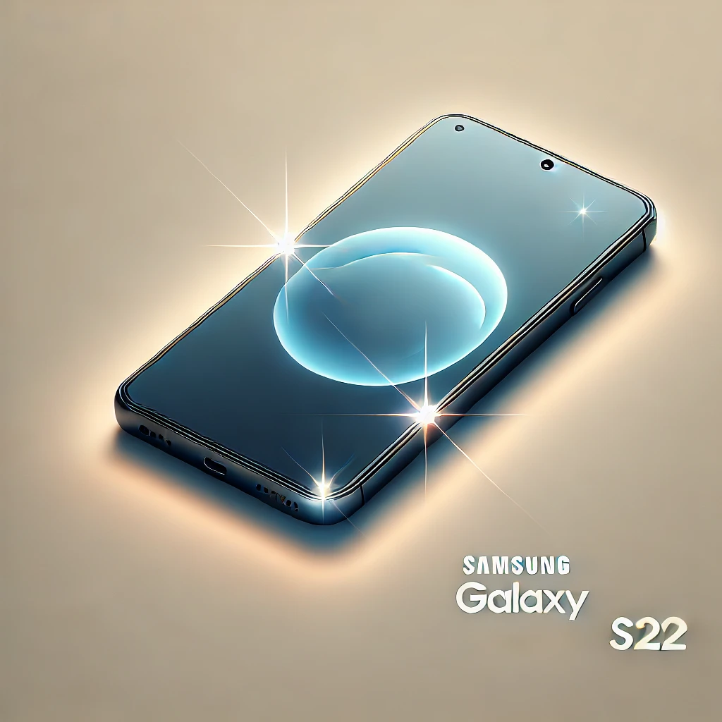 Minimalist illustration of a refurbished Samsung Galaxy S22 smartphone glowing with a like-new aura, symbolizing quality and reliability.