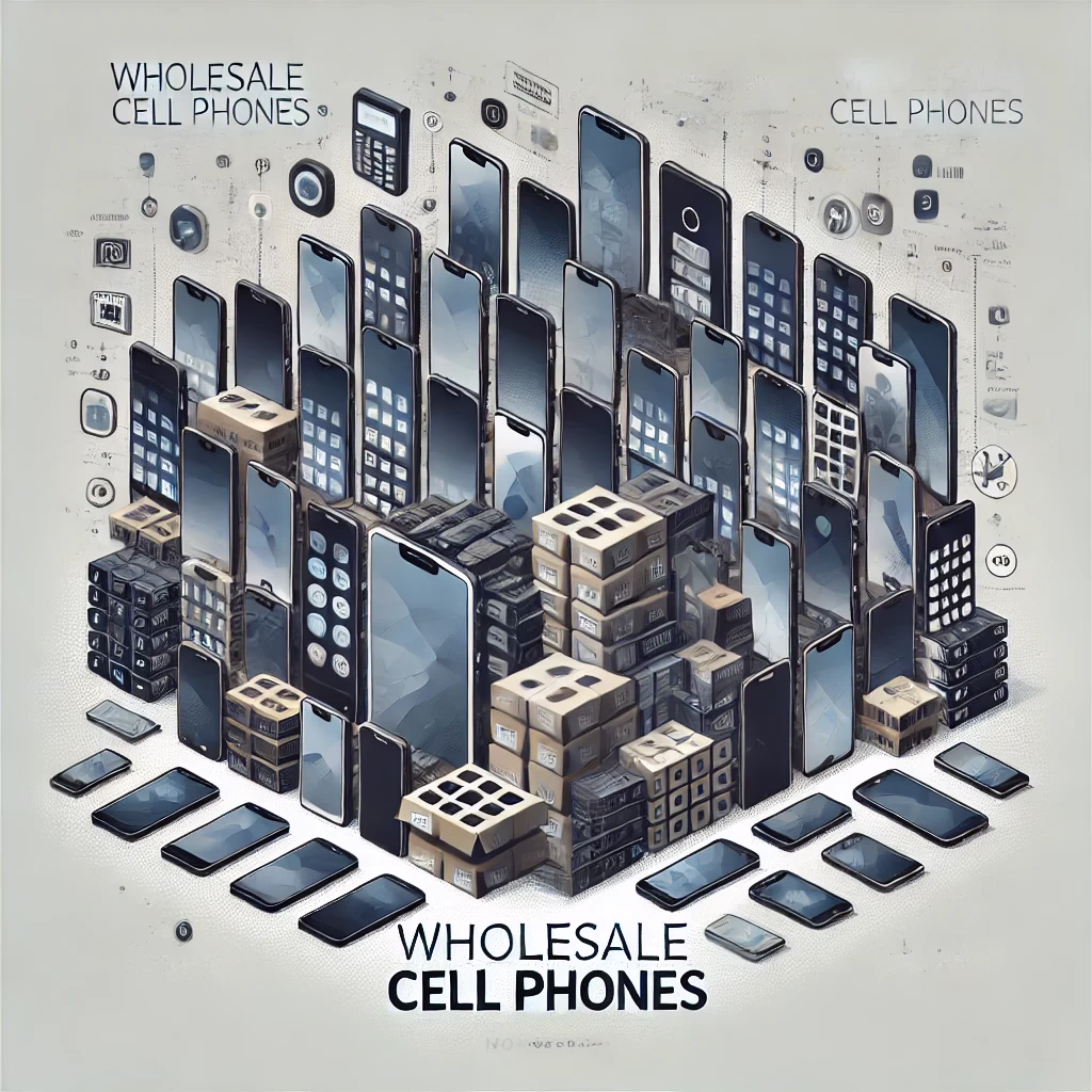 A modern illustration showcasing a variety of smartphones displayed in a bulk arrangement, representing wholesale cell phones.