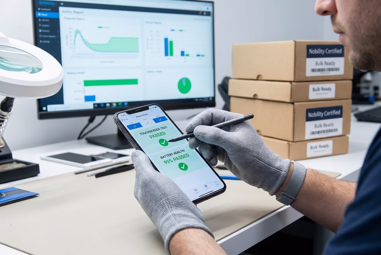 What is a refurbished phone? A close-up of a high-quality certified refurbished smartphone undergoing professional hardware diagnostics and quality assurance testing on a technician worktable.