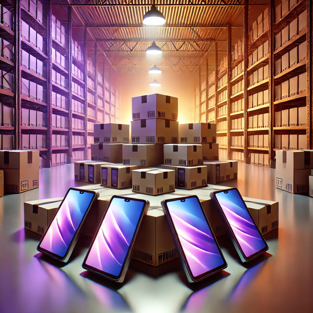 Modern warehouse with stacked boxes of smartphones and tablets, illuminated with purple and orange lighting, representing wholesale technology for business operations.