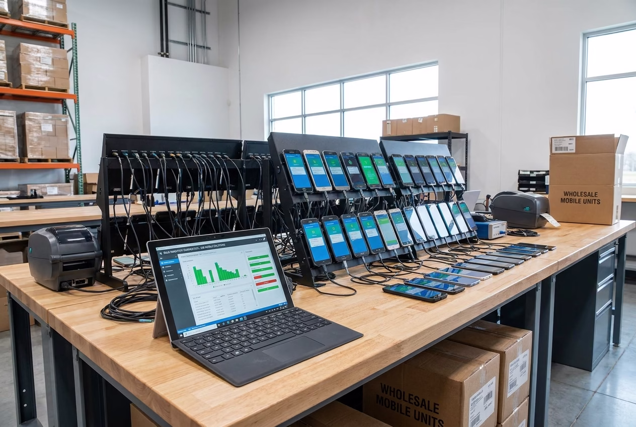 A neat workspace with multiple wholesale Android smartphones displayed alongside a tablet running diagnostic software tests for bulk B2B inventory.
