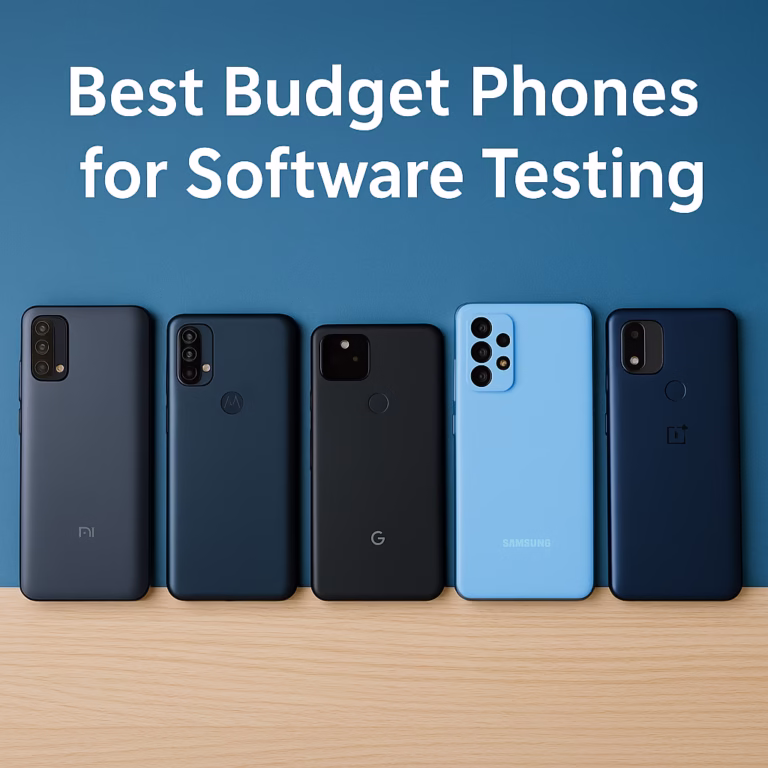 Budget smartphones for mobile app testing on a clean office desk with laptop in background