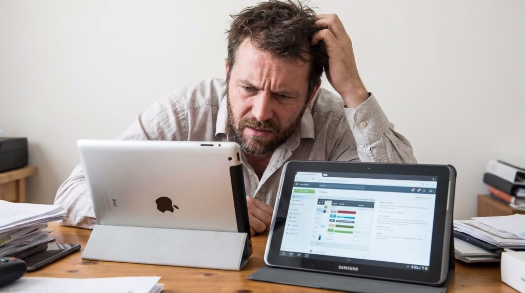 Business professional comparing tablet and laptop devices for work productivity