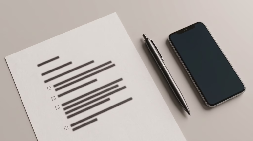 Company cell phone policy document and checklist next to a smartphone