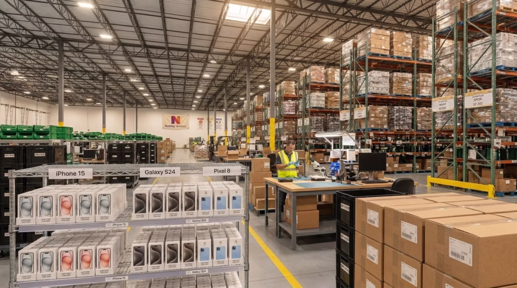 Nobility Wireless warehouse facility showing bulk inventory of iPhone 15, Galaxy S24, and Pixel 8 devices ready for sustainable bulk phone buying and enterprise deployment