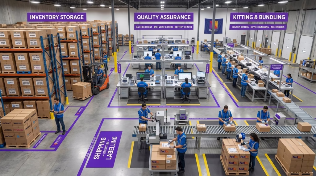 3PL cell phones fulfillment warehouse showing quality assurance testing, device kitting with accessories, and FedEx shipping for mobile phone logistics