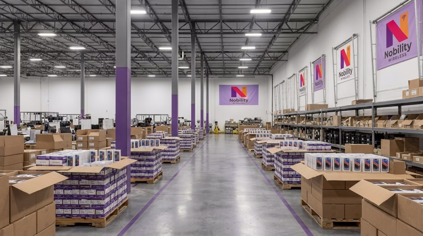 Wholesale cell phones unlocked stacked in a distribution warehouse