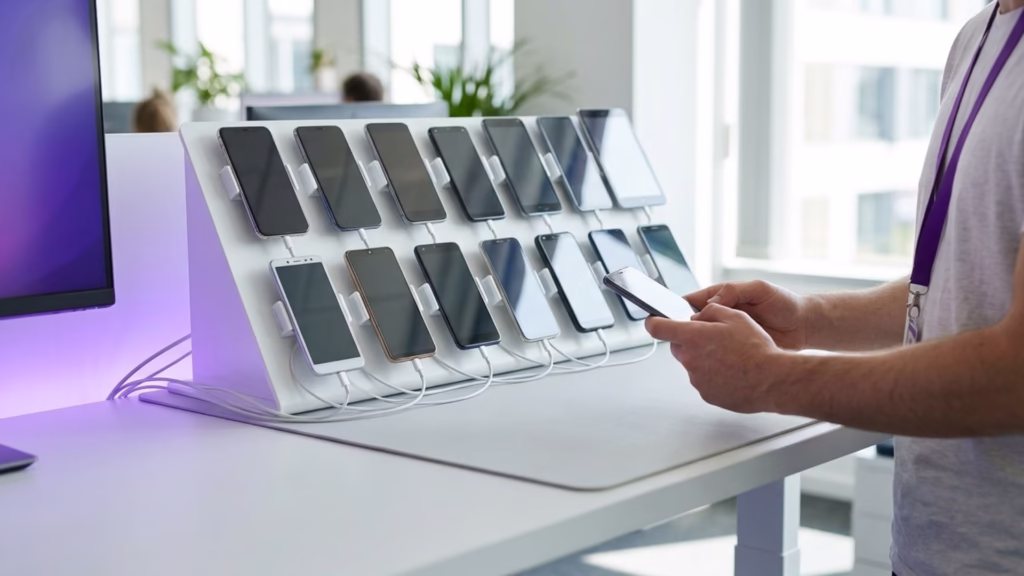 Rack of phones and tablets for app testing in a QA device lab