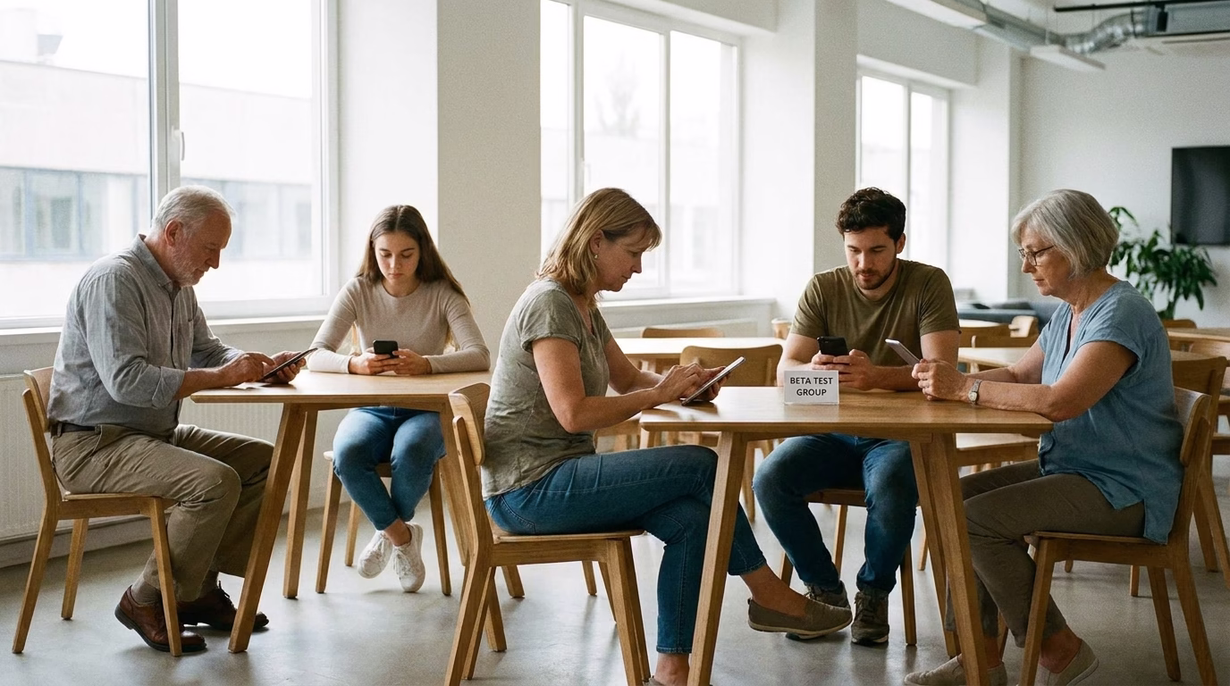 Diverse group of everyday beta testers using phones and tablets for app testing