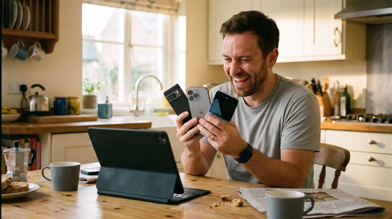 Person holding several phones and tablets covering different app testing configurations
