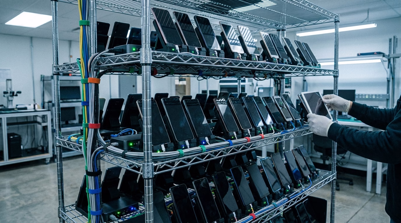 Device farm of rack-mounted phones and tablets wired for automated QA app testing