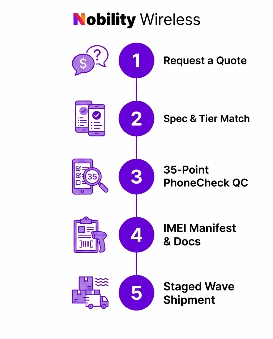 Nobility Wireless wholesale procurement process — request a quote, spec and tier match, 35-point PhoneCheck QC, IMEI manifest and docs, staged wave shipment