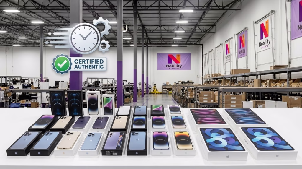 Wholesale device FAQ - OEM smartphones and tablets in original packaging showing A+, A-, and A grades, representing Nobility Wireless's 24-48 hour B2B device deployment