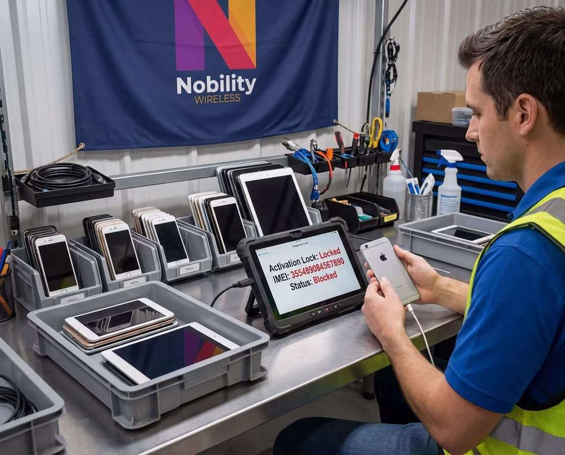 Technician verifying an iPhone's Activation Lock and IMEI status on a diagnostic tablet at a distribution center.