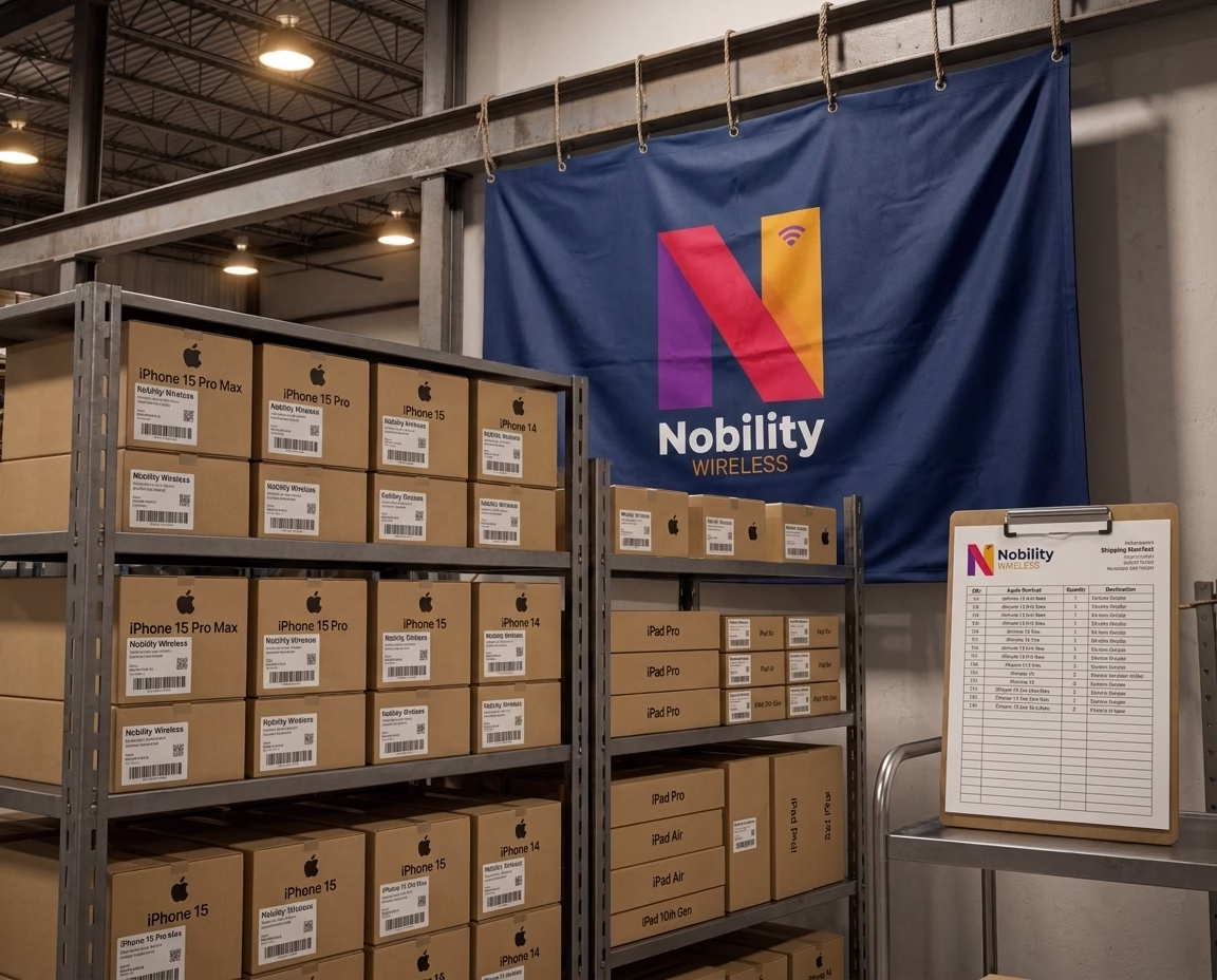 Warehouse shelf stocked with sealed boxes of wholesale iPhones and iPads organized by series.