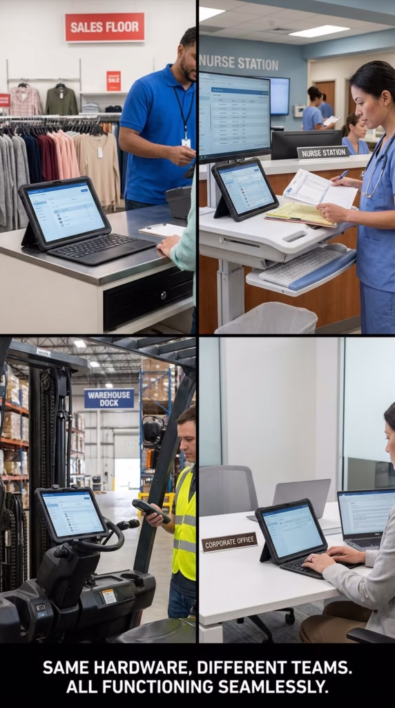 A split-screen grid demonstrating a single Nobility Wireless device model deployed across four different environments: a retail sales floor, a hospital nurse station, a warehouse shipping dock, and a corporate office desk.