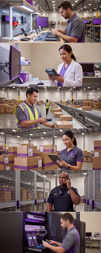 Enterprise smartphone wholesale distributor staff configuring and inspecting devices for IT, healthcare, logistics, retail, government, and network deployment