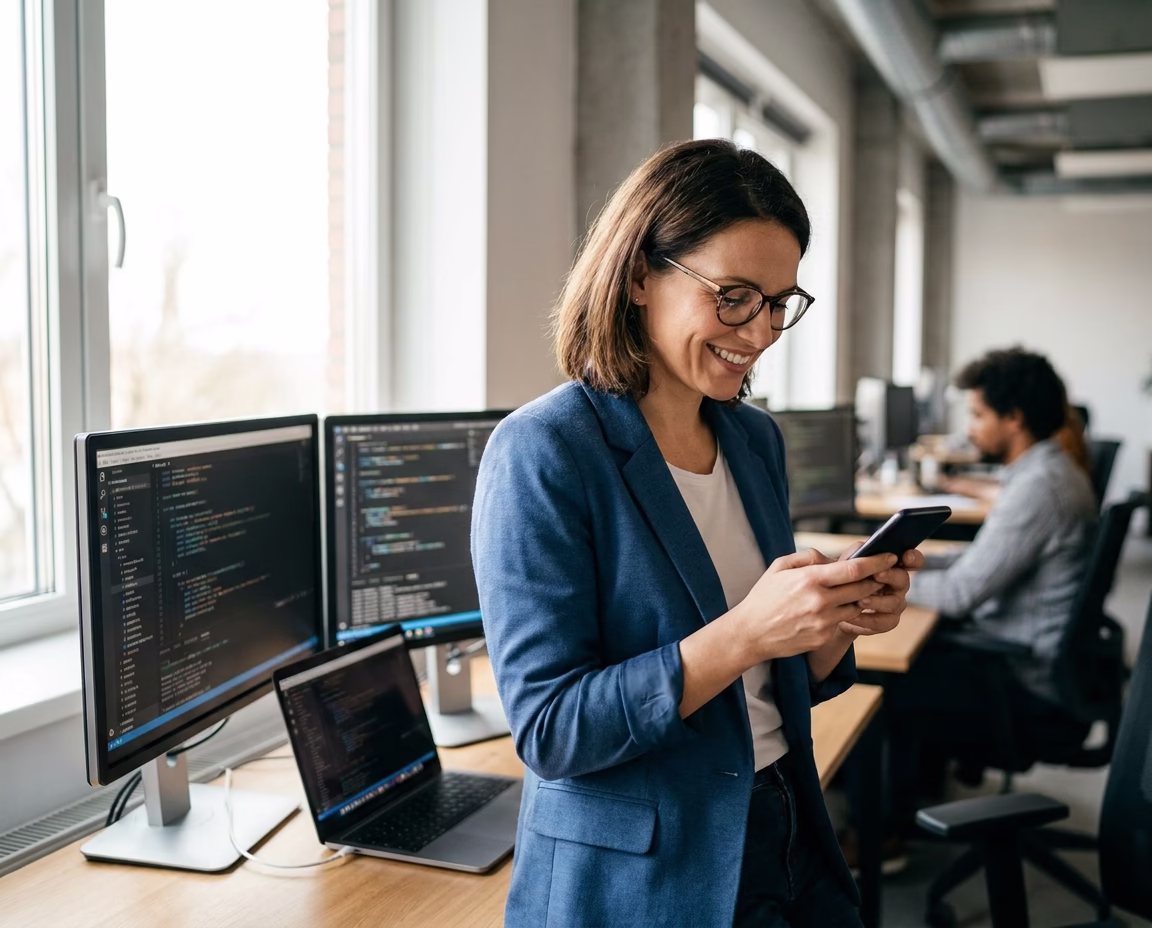 IT professional in modern office checking enterprise smartphone deployment status on mobile device