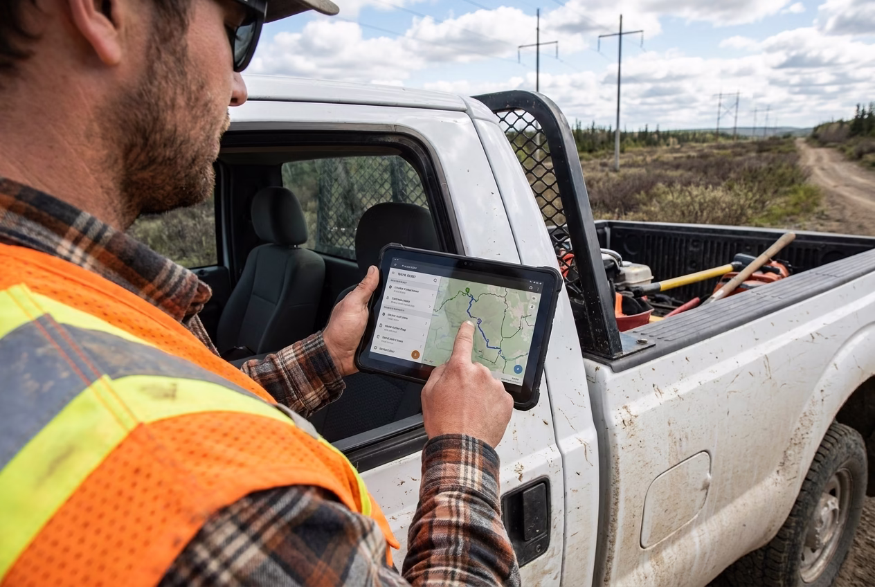 Field service technician in a work vest using a dispatch tablet on-site.