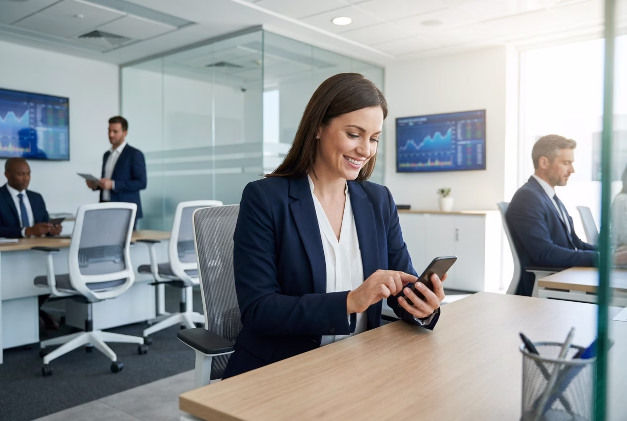 Financial services branch employee using an enterprise smartphone at a bank branch desk.