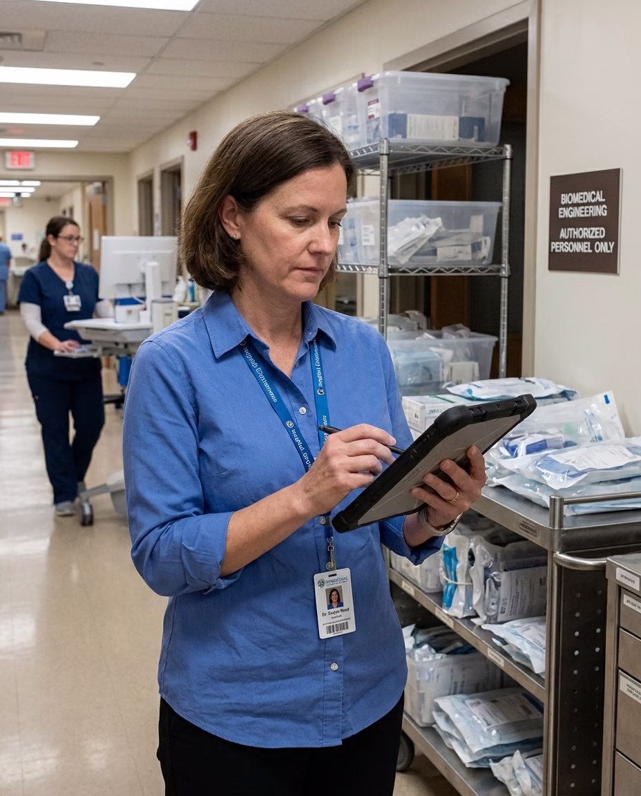 Hospital biomedical engineering staff member reviewing a ruggedized tablet in a clinical supply hallway, with medical equipment shelving in the background.