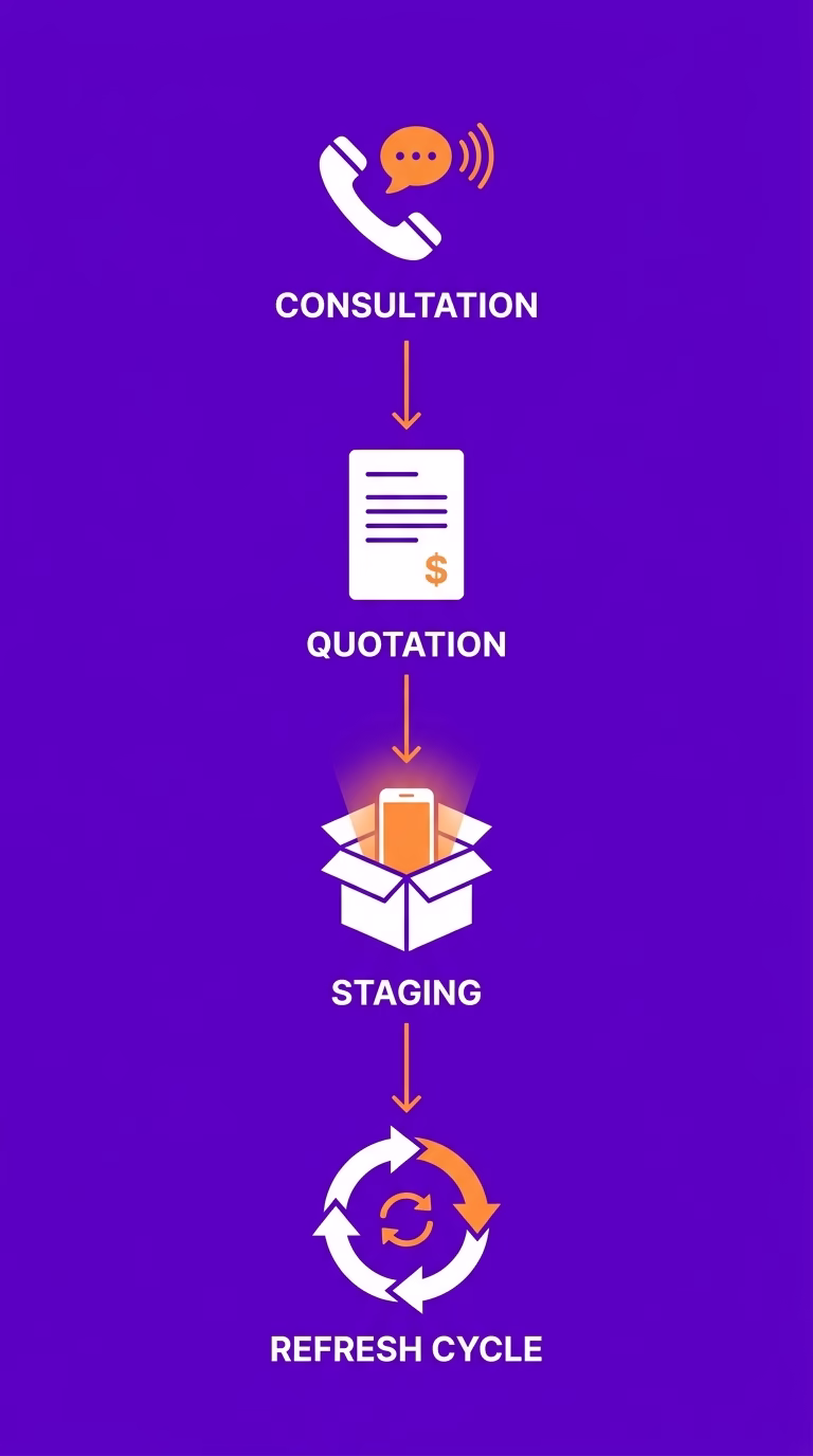 Four-step enterprise IT device procurement process illustration showing consultation, quotation, staging, and refresh cycle.