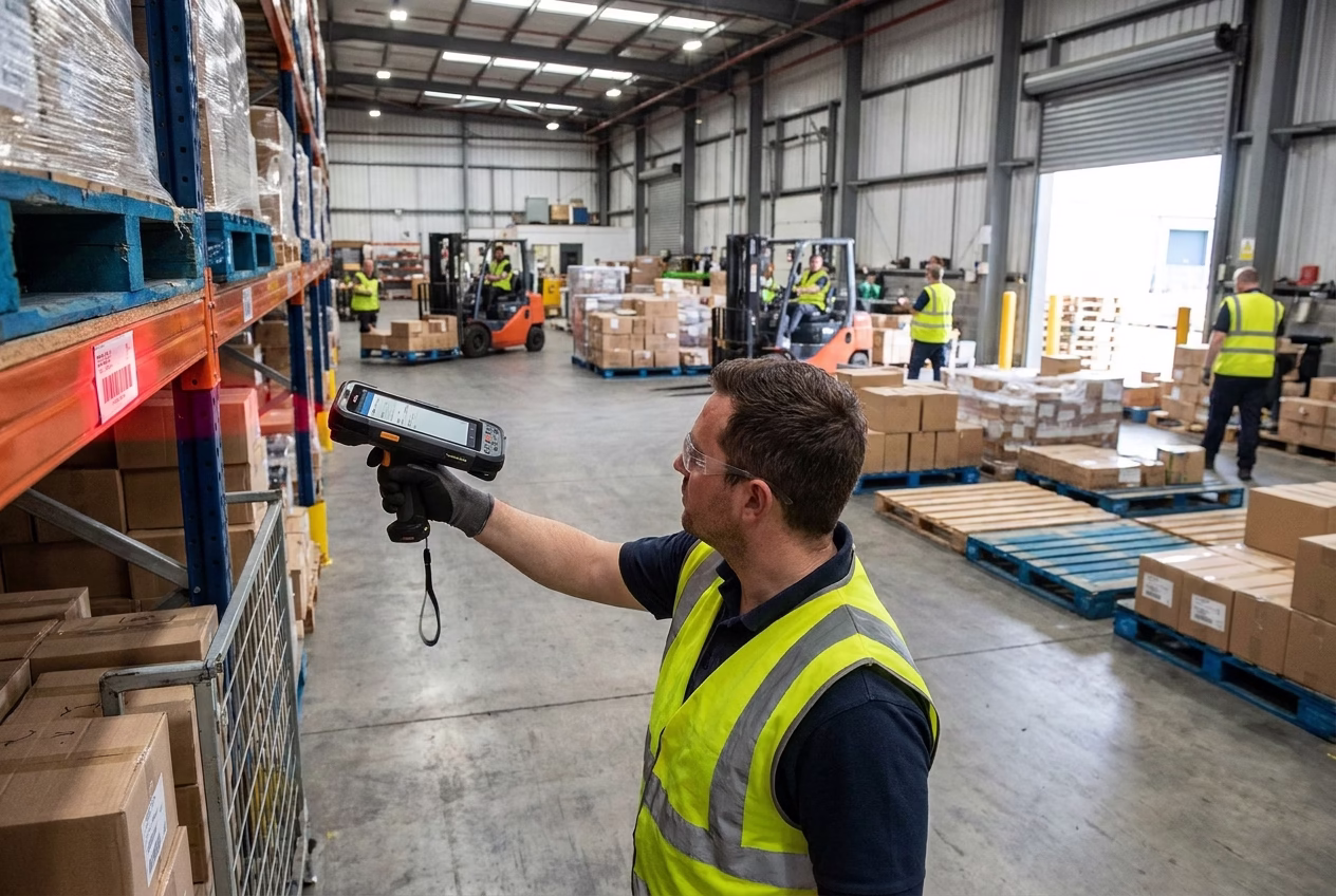 Logistics worker scanning warehouse inventory with a ruggedized handheld smartphone device.