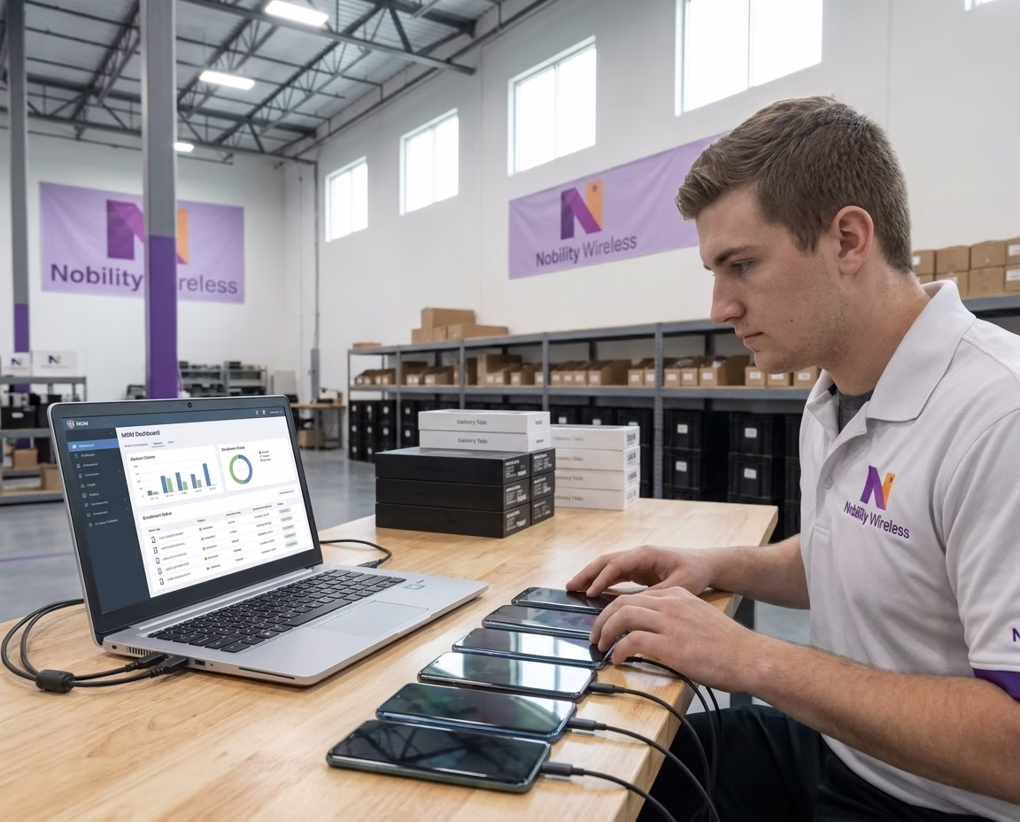 Technician grading and sorting used smartphones for wholesale device buyback program