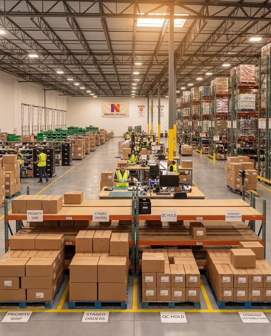 Wholesale device distribution warehouse with organized shipping lanes reflecting Nobility Wireless's multi-industry order processing