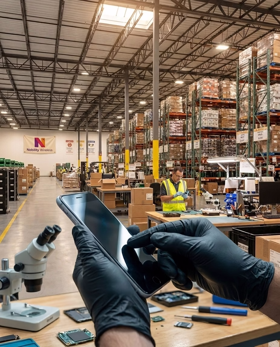 Technician inspecting smartphone at QC workstation inside enterprise smartphone wholesale distributor warehouse with staged inventory