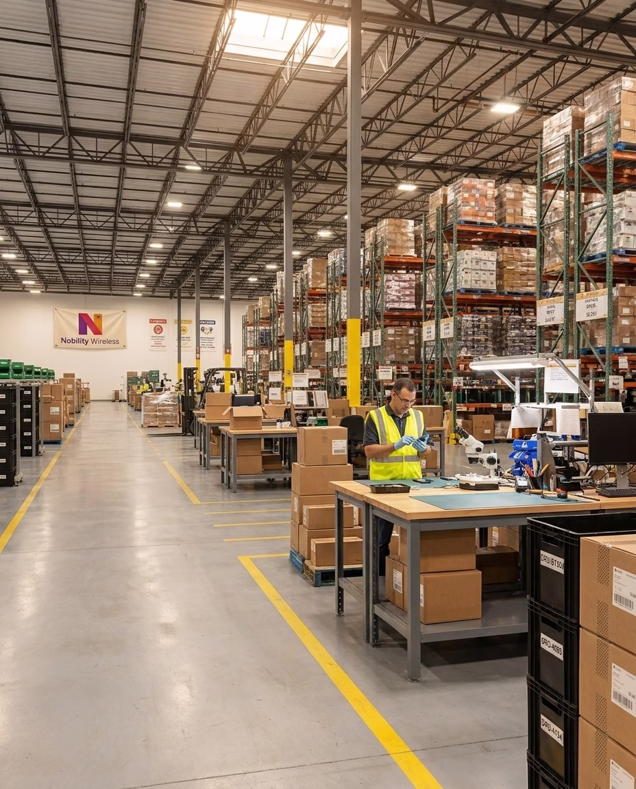 Warehouse interior with shelving stacked with labeled shipping boxes and bins, employee inspecting a smartphone at a workstation — Nobility Wireless wholesale device distribution facility