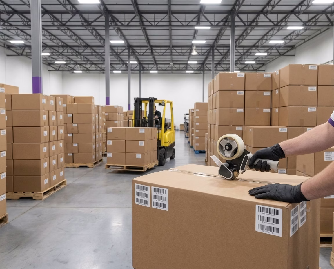 Warehouse worker sealing and labeling bulk wholesale smartphone shipment with IMEI barcode stickers