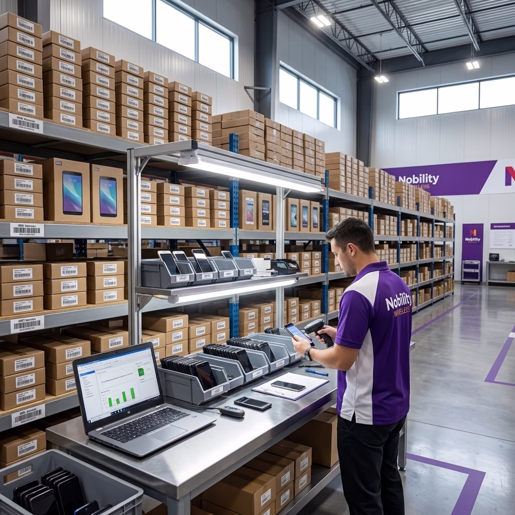 Wholesale mobile devices for business — bulk smartphones and tablets inspected at the Nobility Wireless distribution warehouse