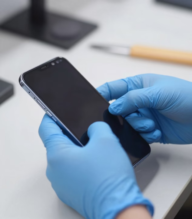 Technician performing 35-point QC inspection on a wholesale Samsung Galaxy phone at Nobility Wireless