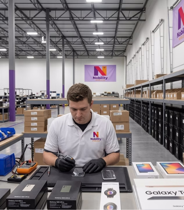 A technician scanning a bulk wholesale Samsung Galaxy smartphone at a Nobility Wireless distribution facility table.