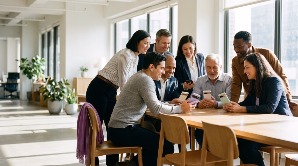 Diverse group of business buyers holding Google Pixel phones