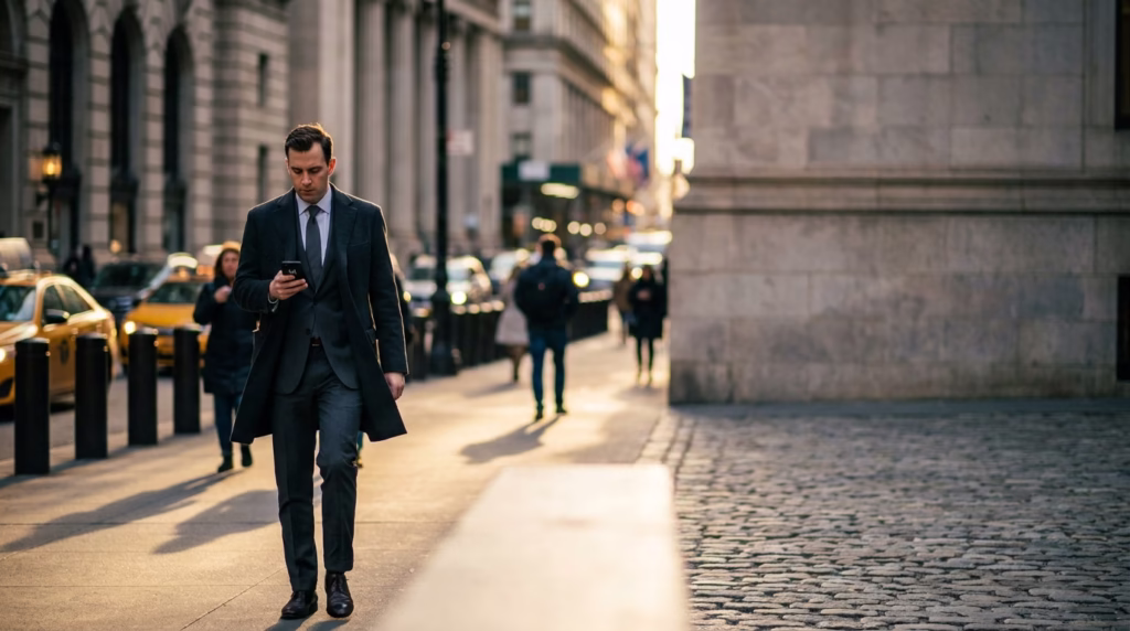 Wholesale Motorola phones for B2B - Businessman walking on Wall Street using a Motorola phone