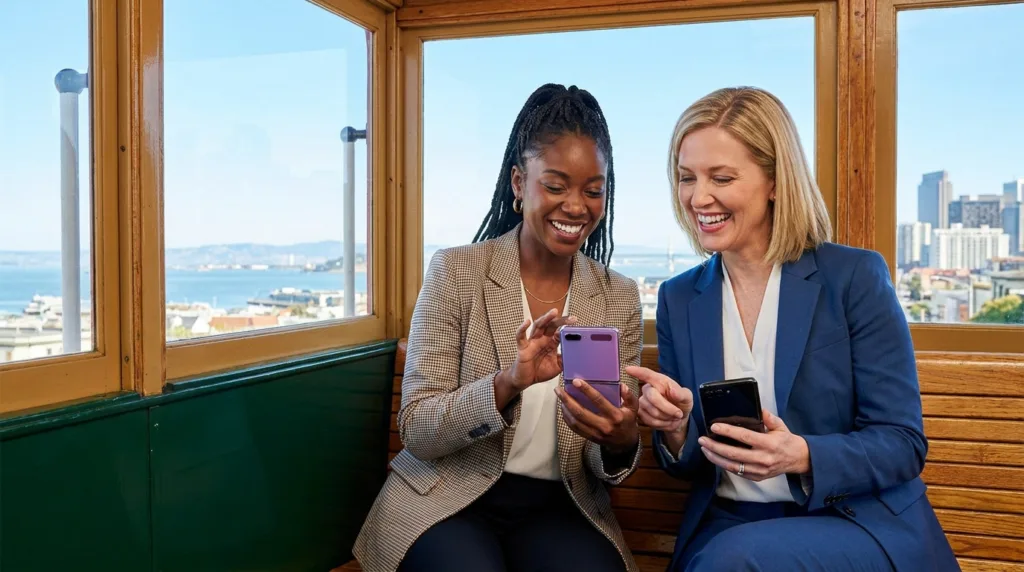 Two business professionals using wholesale Android phones for enterprise deployment