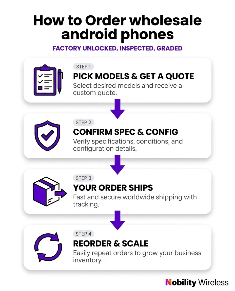 How to order wholesale Android phones in 4 steps — factory unlocked, inspected, and graded by Nobility Wireless
