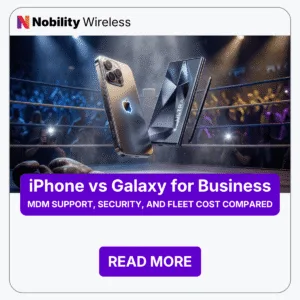 Samsung Galaxy Ultra with S Pen facing off against iPhone Pro Max in a boxing ring — enterprise smartphone comparison for business fleet buyers