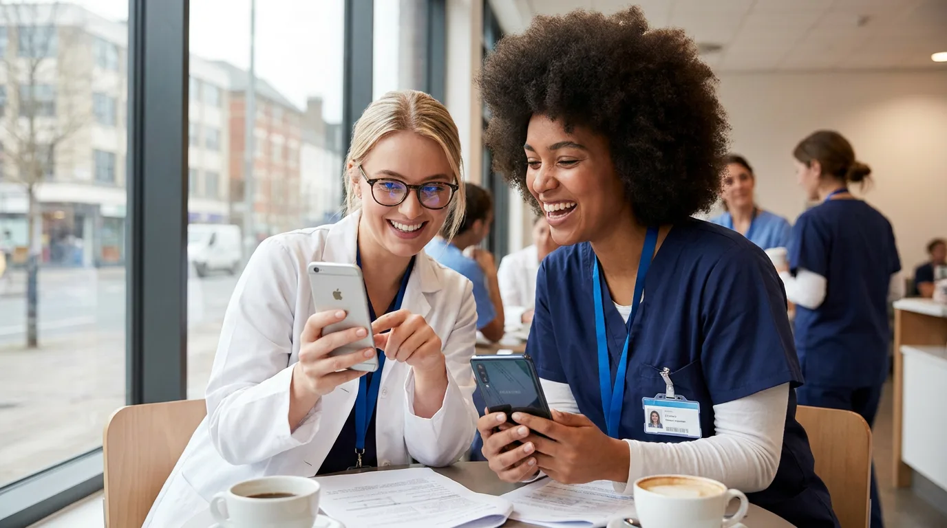 Doctor and nurse using iPhones managed through Apple Business Manager MDM in a hospital clinical setting