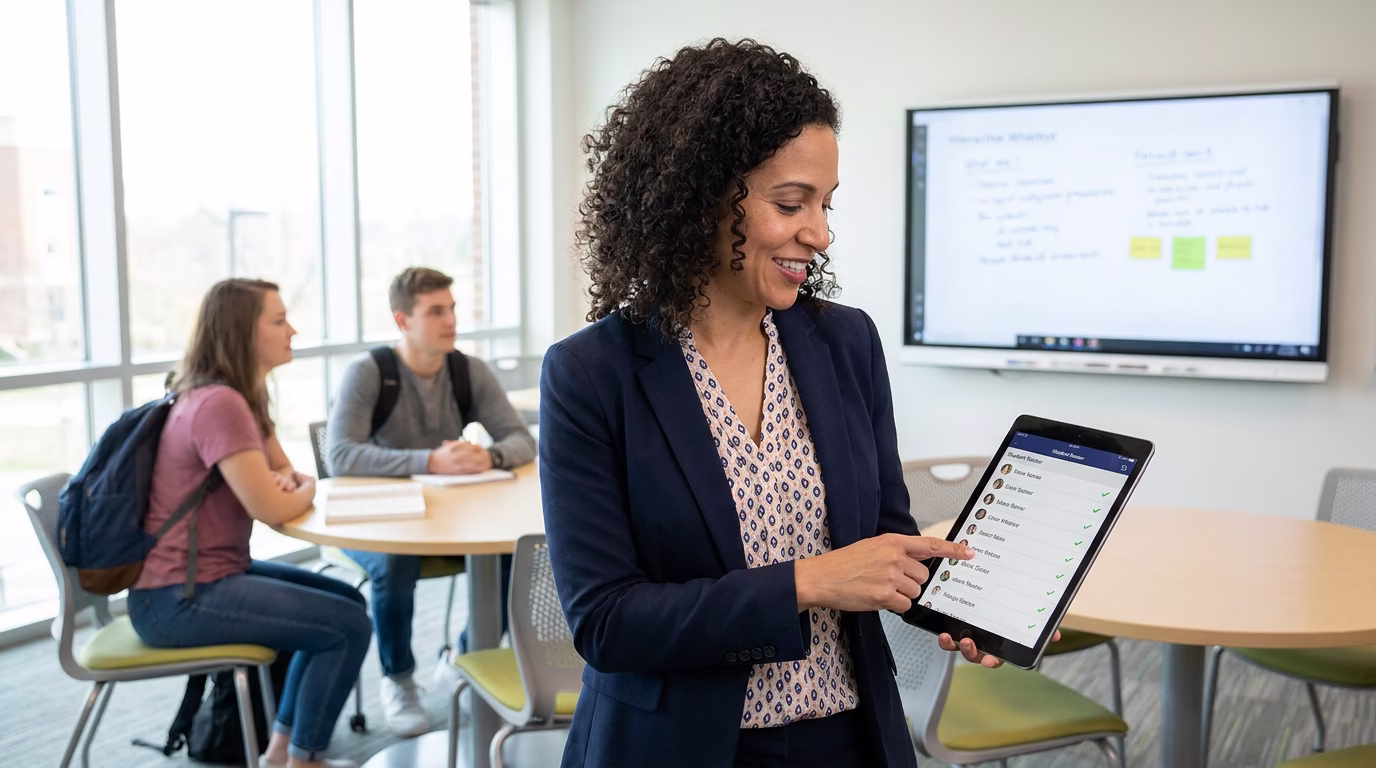 Educator using MDM-managed tablet for classroom instruction, attendance tracking, and student engagement in educational setting