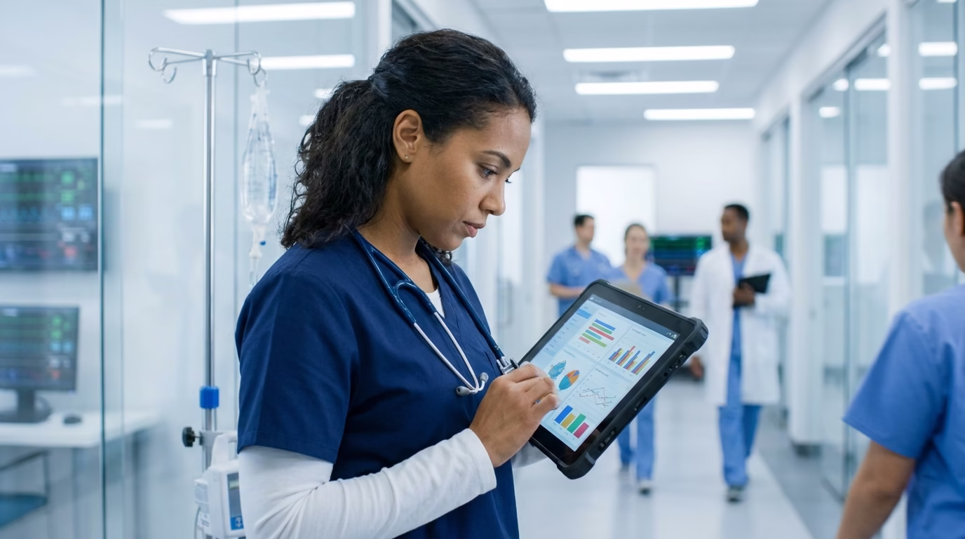 Healthcare professional using MDM-managed tablet for patient records in hospital setting