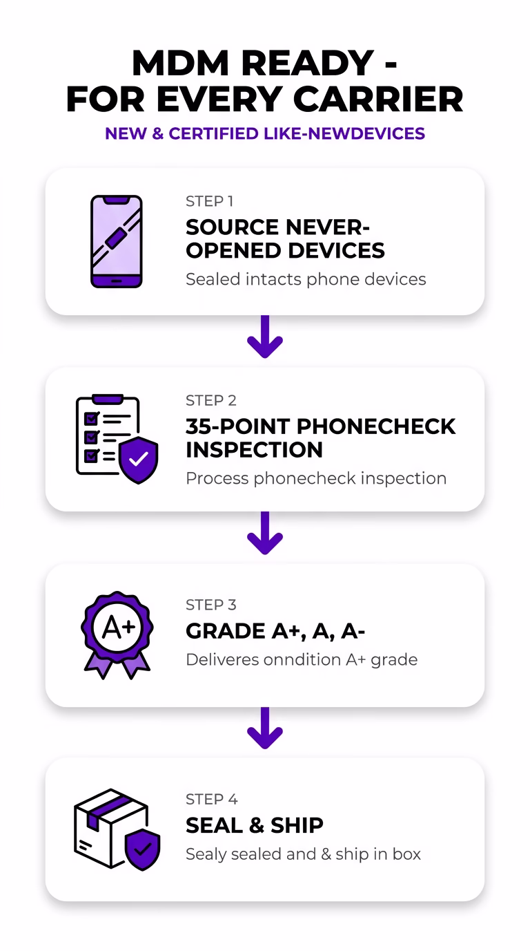 Four-step MDM device sourcing process: source never-opened devices, 35-point PhoneCheck inspection, grade A+ condition, seal and ship in box