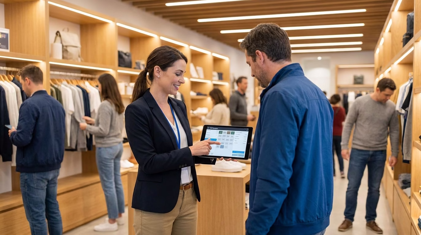 Retail manager using MDM-ready smartphone for customer service and point-of-sale operations on store floor